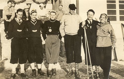 Bud Clark (far left) and Bill Ball (2nd from left) in Germany, competing in 1936 Olympic Winter Games