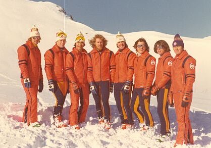 National Alpine Ski Team c.1970 [L to R]: Brodie Lut (coach), Jim Hunter, Steve Podborski, Dave Murray, Gary Aiken, Dave Irwin, Ken Read, Scott Henderson (coach). 