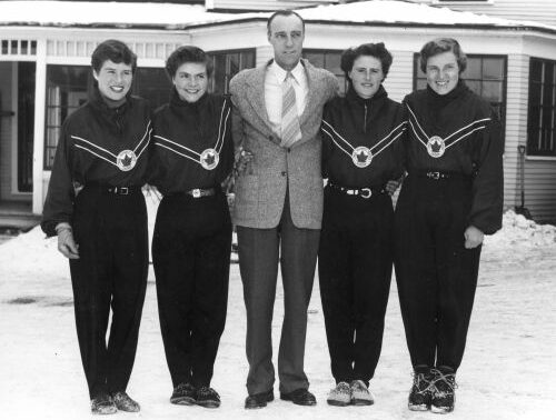 1952 Canadian Olympic Women's Alpine Ski Team [L to R]: Joanne Hewson, Rosemarie Schutz, Harry Wheeler, Rhoda Wurtele, Lucile Wheeler