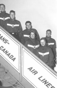 Members of Canadian Ski Team [L to R]: Bill Stevens, Ernie McCullogh, Art Tommy, Pat Ramage (manager), Anne Heggtveit, Peter Kirby c. 1954 