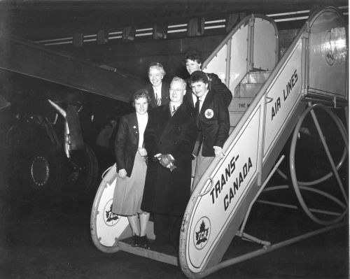 1952 Oslo Olympic Winter Games [L to R]: Lucile Wheeler, Mrs. Pickering, ?, Rhoda Wurtele, Rosemarie Schutz