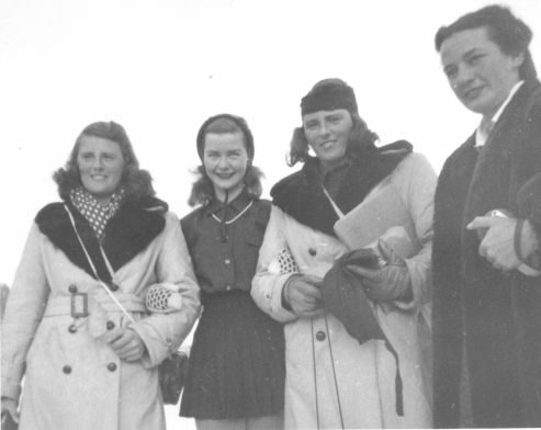 1948 St. Moritz Olympic Winter Games [L to R]: Rhoda Wurtele, Barbara Ann Scott (figure skater), Rhona Wurtele, Gaby Pleau