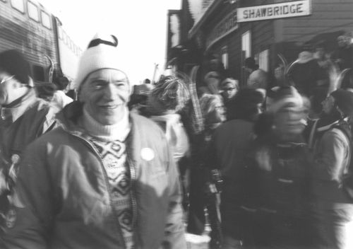 Crowd of skiers with Bill Ball at Val David Station.