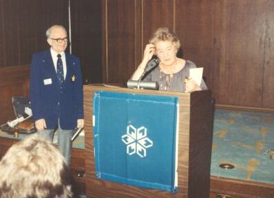 [L to R]: Inductee Doug Firth and Gaby Pleau at 1983 Canadian Ski Hall of Fame Induction Ceremony at the Calgary Petroleum Club