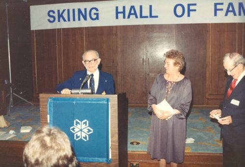[L to R]: Inductee Doug Firth, Gaby Pleau, and Louis Grimes at 1983 Canadian Ski Hall of Fame Induction Ceremony at the Calgary Petroleum Club