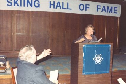 1983 Canadian Ski Hall of Fame Induction Ceremony [L to R]: Gaby Pleau, Senator Ray Perrault