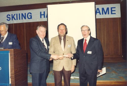 1983 Canadian Ski Hall of Fame Induction Ceremony [L to R]: Mart Karnahan, Senator Ray Perrault,?, Louis Grimes