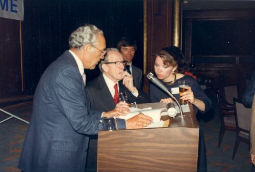 1983 Canadian Ski Hall of Fame Induction Ceremony [L to R]: Mart Karnahan, Louis Grimes, Sheila Grinnell