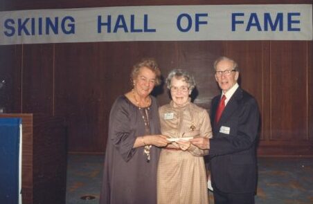 1983 Canadian Ski Hall of Fame Induction Ceremony. [L to R]: Gaby Pleau, Mrs. Henry Sotvedt, Louis Grimes