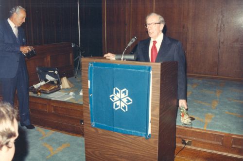 Mart Karnahan (left) and Louis Grimes at 1983 Canadian Ski Hall of Fame Induction Ceremony