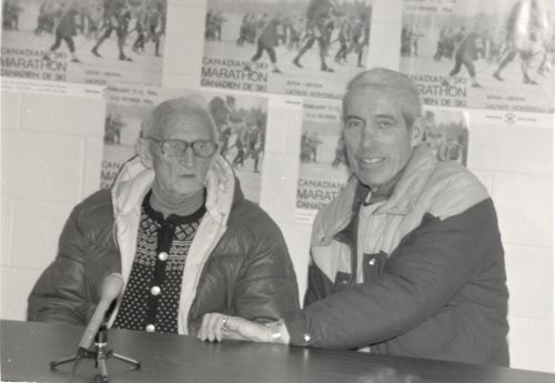Jackrabbit (left) with Rae Grinnell at "Jackrabbit 110" fundraising event during 1984 Winterlude - Dows Lake Pavilion, Ottawa, ON