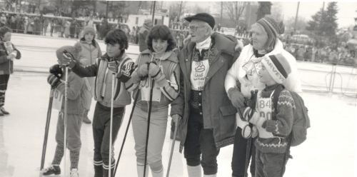 Photograph of “Jackrabbit” and his daughter Alice Johannsen (to his right) at the 1984 Canadian Ski Marathon