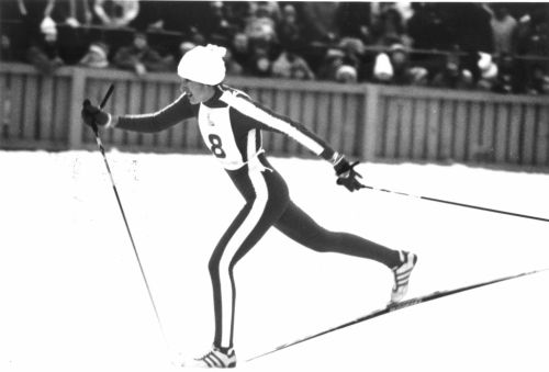 Shirley Firth in cross country relay race at 1980 Lake Placid Olympic Winter Games.