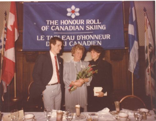 Inductee Gaby Pleau (center) at 1984 Canadian Ski Hall of Fame Induction Ceremony