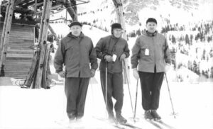 [L to R]: Ed Rendell, Mr. Reddish, Roger Langley at Ogden, Ski Basin, in 1942