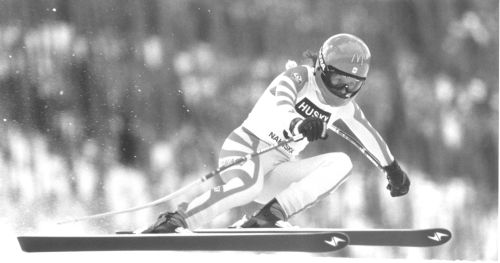 Laurie Graham at Husky World Cup Downhill event at Nakiska (Mt. Allan), Alberta, on March 7, 1987.