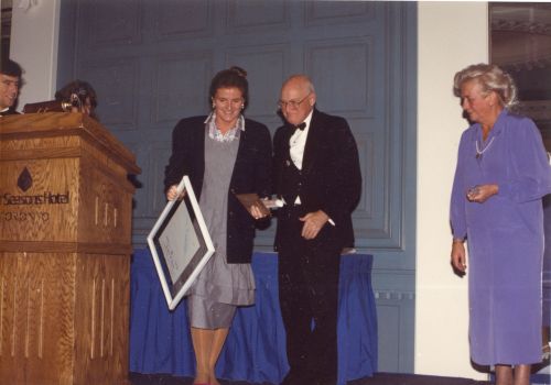 Inductee Gerry Sorensen, Bill Tindale (Canadian Ski Museum Chair), and Gaby Pleau at 1988 Canadian Ski Hall of Fame Induction Ceremony