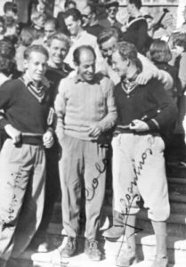 [L to R]: Fritz Huber (Austria), Zeno Colo (Italy; World Champion in Downhill), Pepi Salvenmoser (Austria)