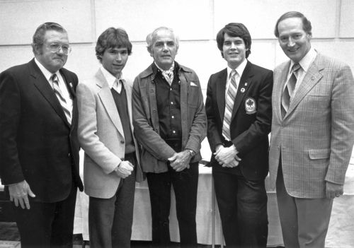 [L to R]: John Clifford, Steve Podborski, Arturo Hammersley (Chile Ski Federation), Ken Read, Gerry Reagen? Minister of Sport and Recreation