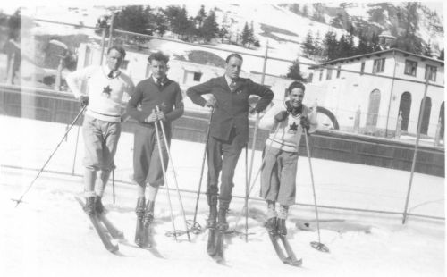 1928 St. Moritz Olympic Winter Games [L to R]: W.B. Thompson, Sepp Muehlbauer (captain of Swiss team), H.P. Douglas (manager), Gérald Dupuis.