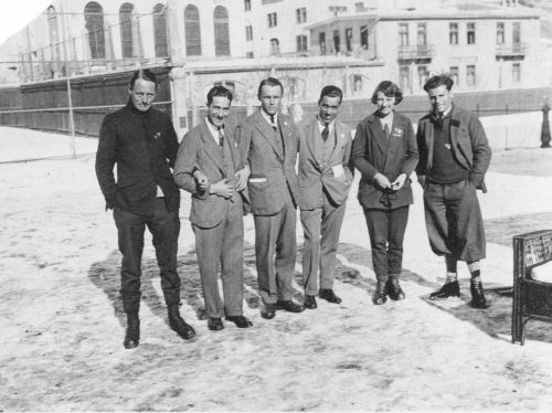 1928 St. Moritz Olympic Winter Games [L to R]: H.P. Douglas (manager), Gérald Dupuis, W.B. Thompson, Merritt Putnam,?, Sepp Muehlbauer (captain of Swiss team).