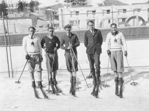 1928 St. Moritz Olympic Winter Games [L to R]: W.B. Thompson, Merritt Putnam, Sepp Muehlbauer (captain of Swiss team), H.P. Douglas (manager), Gérald Dupuis.