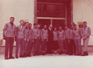 Canadian Team photo taken at the front door of the Hotel Weissmayr where the Canadian team resided during the 1958 World Championships in Bad Gastein