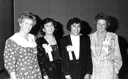 Rhoda Wurtele, Shirley Firth, Sharon Firth, and Rhona Wurtele at 1990 Canadian Ski Hall of Fame Induction Ceremony