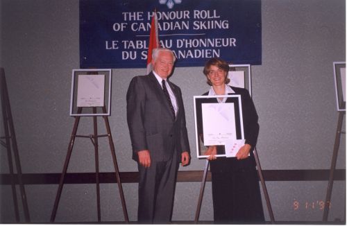 Keith Nesbitt, Canadian Ski Museum Chair, with Lee Lee Morrison at 1997 Canadian Ski Hall of Fame Induction Ceremony