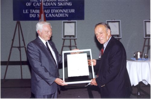 Keith Nesbitt, Canadian Ski Museum Chair, with Inductee Bob Richardson at 1997 Canadian Ski Hall of Fame Induction Ceremony