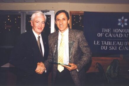 Canadian Ski Museum Chairman, Chris Edgell, and Bill Keenan at 2001 Canadian Ski Hall of Fame Induction Ceremony.