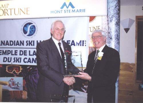 Inductee Peter Webster (left) and Canadian Ski Museum Chair, Arnold Midgley, at 2003 Canadian Ski Hall of Fame Induction Ceremony