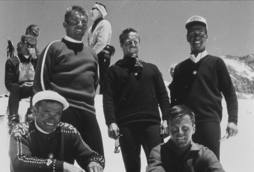 Mt. Hood, Oregon (USA) [back row]: P. Gramshamer (AUS), Ernie McCulloch (CAN), Lorne O'Connor (CAN) [front row]: Adrien Duvillard (FRA), Pepi Steigler (AUS).