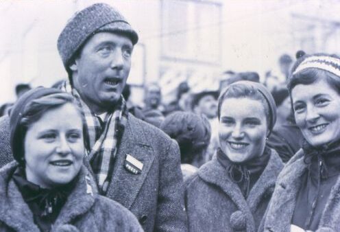 [L to R]: Anne Heggtveit, unidentified member of press, Lucile Wheeler, Pat Ramage. 