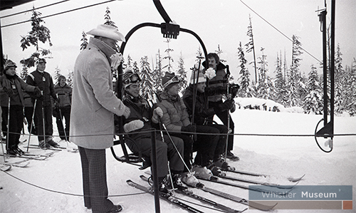 Mayor Pat Carleton and Hugh Smythe load the first chair to head up Blackcomb.