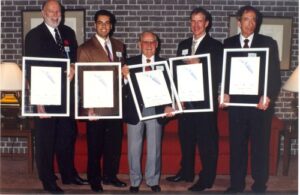 Peter Andrews, Horst Bulau, R&eacute;al Charette, Don Lyon, and Raymond Lanct&ocirc;t at 1994 Canadian Ski Hall of Fame Induction Ceremony.