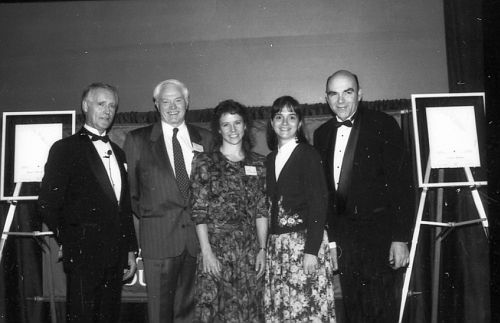Canadian Ski Museum Chair, Erle Bergh, with inductees Keith Nesbitt, Laurie Graham, Marie-Claude Asselin and Jerry Johnston at 1991 Canadian Ski Hall of Fame Induction Ceremony