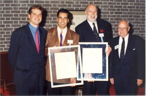 R. Beauchemin, Horst Bulau, Peter Andrews, and Bill Tindale at 1994 Canadian Ski Hall of Fame Induction Ceremony. CSHFM Collection.