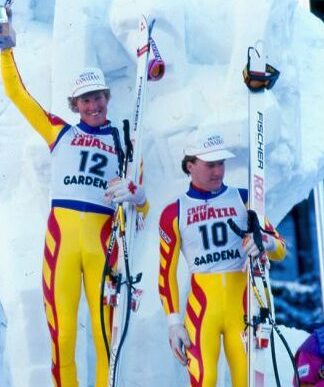 Rob Boyd wins gold in World Cup downhill at Val Gardena, Italy, 1987. Brian Stemmle won bronze.