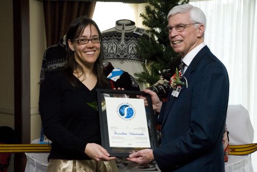 Inductee Karolina Wisniewska and Canadian Ski Museum Chair, Arnold Midgley, at 2007 Canadian Ski Hall of Fame and Museum Induction Ceremony. Valberg Imaging - Andrea Cardin.