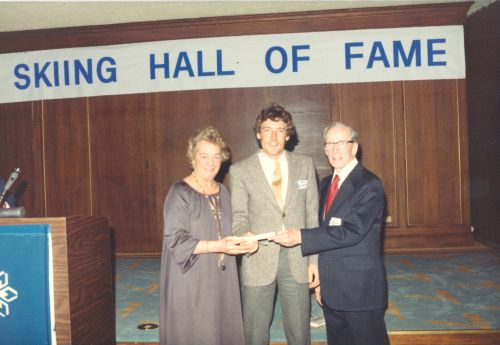 1983 Canadian Ski Hall of Fame Induction Ceremony [L to R]: Gaby Pleau,?, Louis Grimes