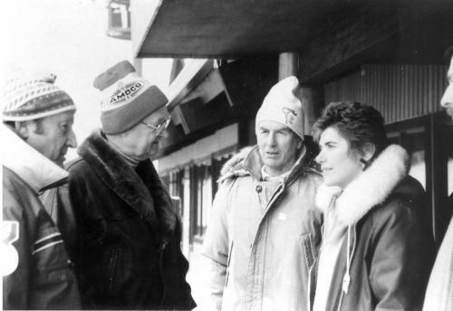 L to R: Mayor Paula Andrews (Canmore), Clarence Servold (Canadian Ski Hall of Fame member), Don Stacy (president of Amoco Canada), Fraser Pullen c. 1989