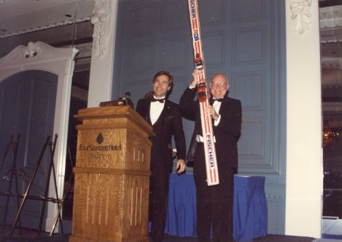 Inductee Steve Podborski with Canadian Ski Museum Chair, Bill Tindale, at 1988 Canadian Ski Hall of Fame Induction Ceremony