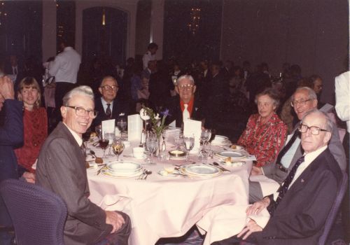 1988 Canadian Ski Hall of Fame Induction Ceremony [L to R]: Robert Gooch, Ray Grinnell, Ross Larway, Fred Hall, Mrs. Pangman, Harry Pangman, Louis Grimes
