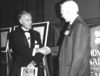 Canadian Ski Museum Chair, Erle Bergh, and inductee Keith Nesbitt at 1991 Canadian Ski Hall of Fame Induction Ceremony