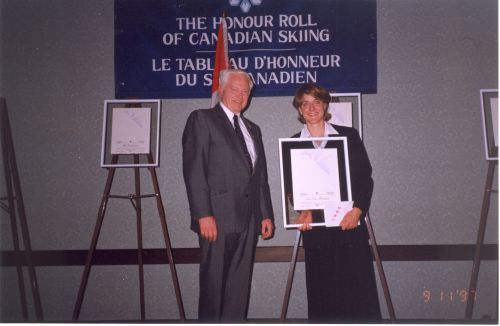 Inductee Lee Lee Morrison with Keith Nesbitt at the 1997 Canadian Ski Hall of Fame Induction Ceremony
