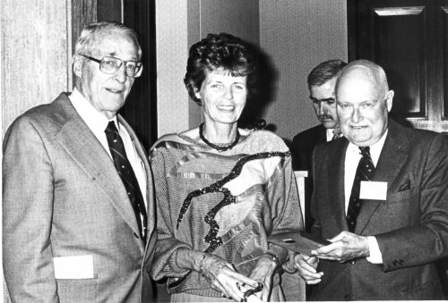 Harry Pangman, M. Bruneau, and Canadian Ski Museum Chair, Bill Tindale, all accepting Ken Read Induction award at 1987 Canadian Ski Hall of Fame Induction Ceremony.